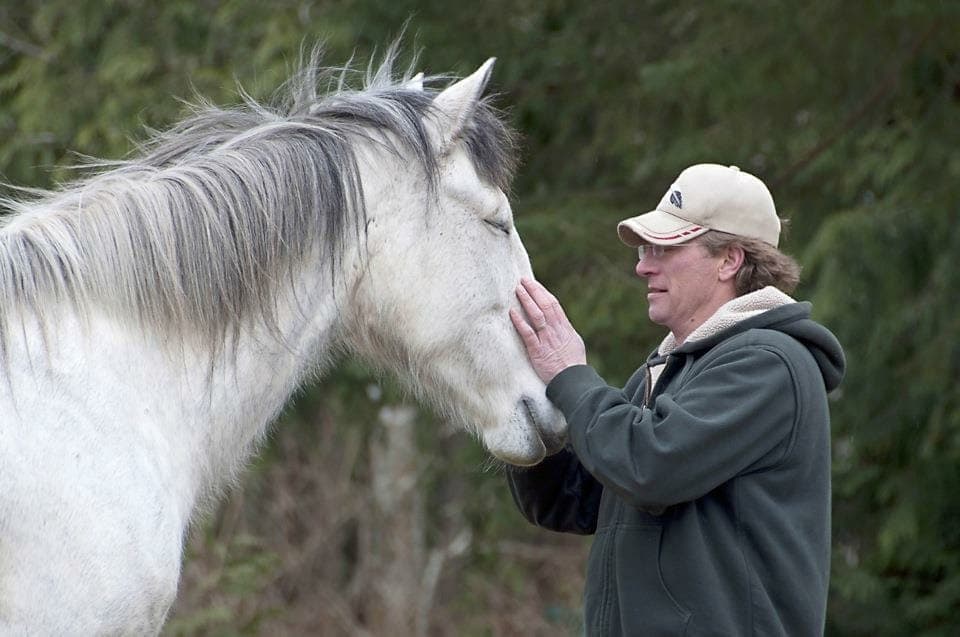 Tim in a ball cap holding the face of a grey mare whose eyes are closed as she leans into him.